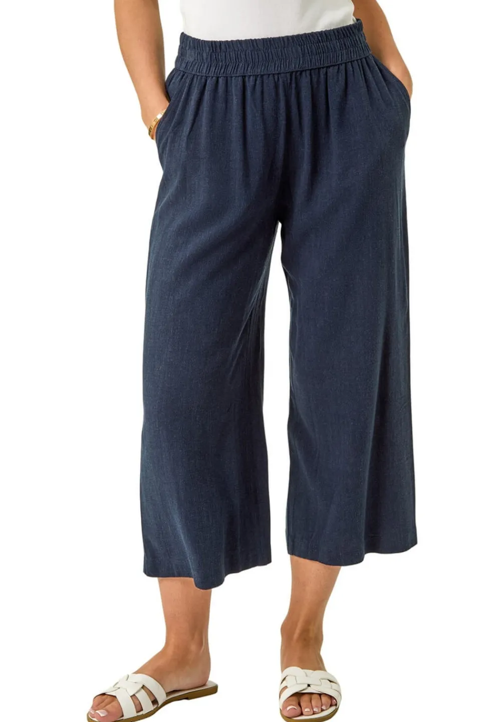 Trousers>Roman Navy Petite Linen Mix Cropped Trouser