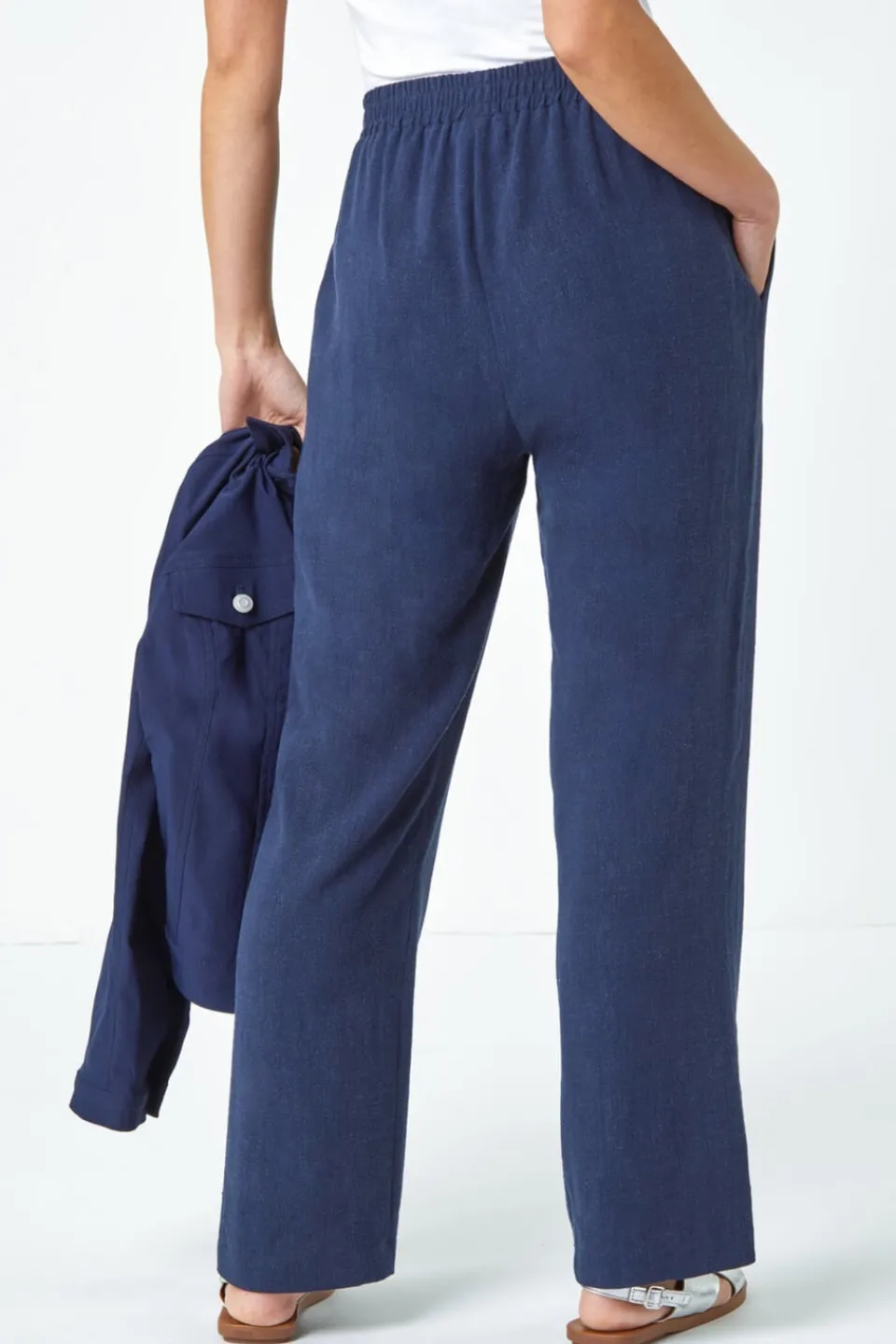 Trousers>Roman Navy Petite Linen Mix Trousers
