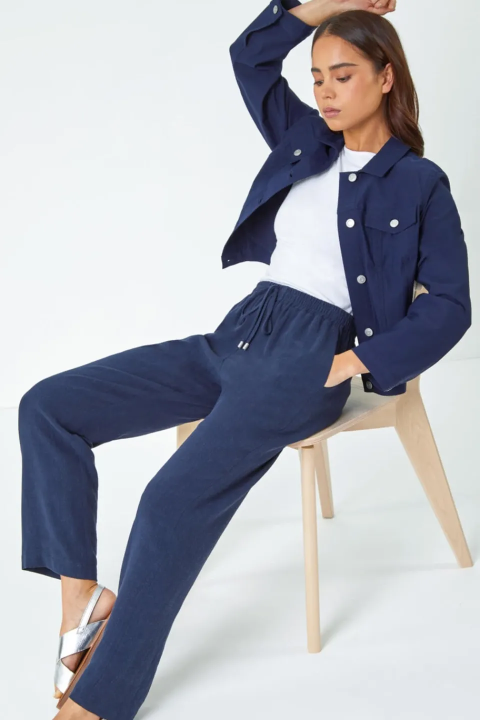 Trousers>Roman Navy Petite Linen Mix Trousers