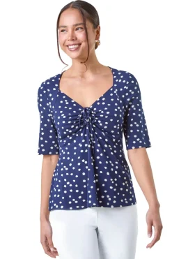 T-Shirts>Roman Navy Petite Polka Dot Ruched Stretch Top