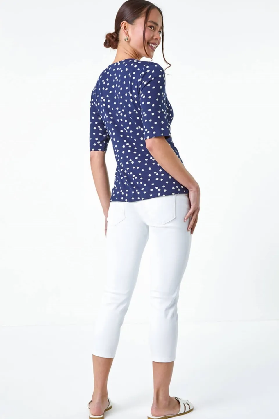T-Shirts>Roman Navy Petite Polka Dot Ruched Stretch Top