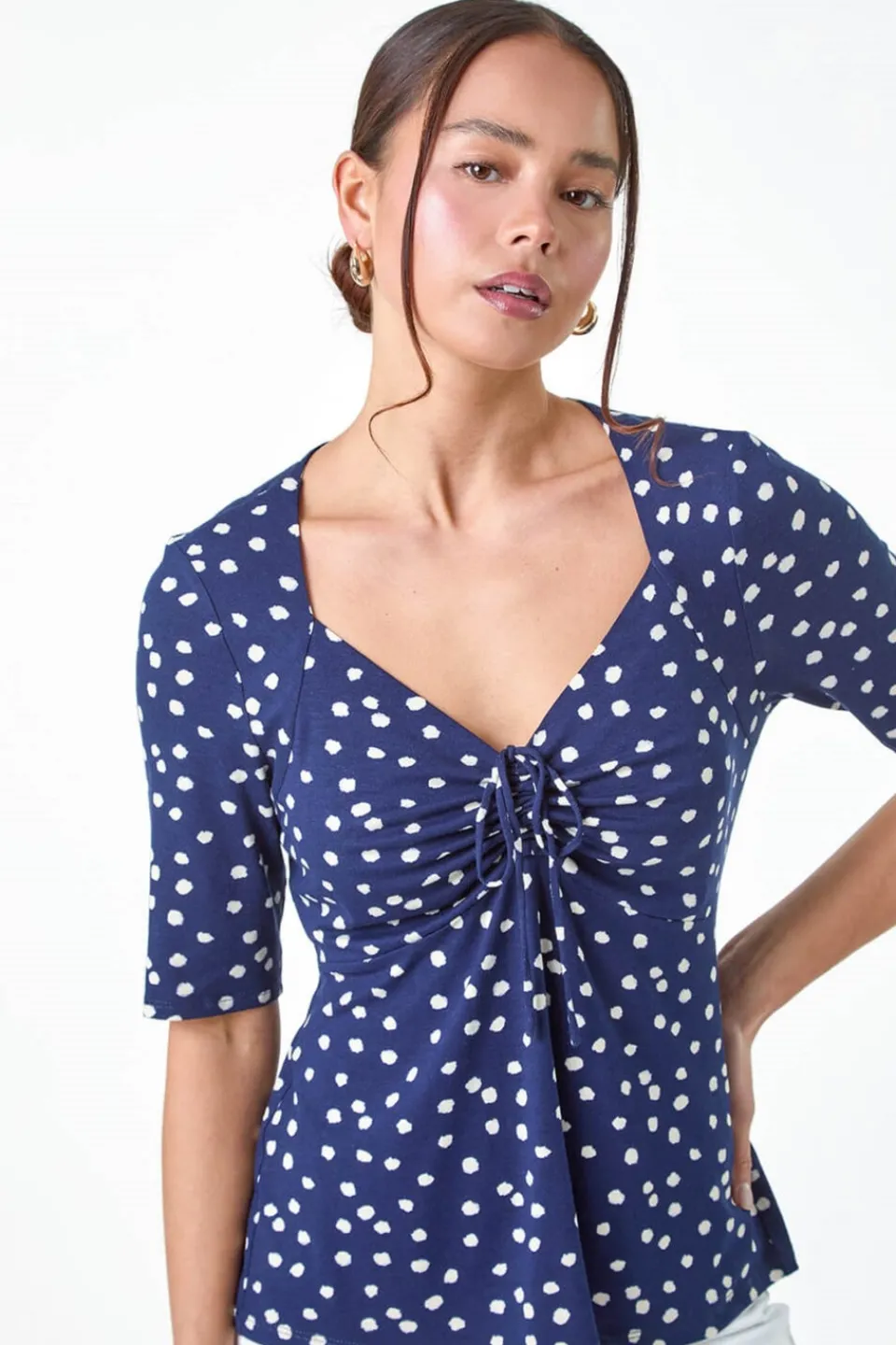 T-Shirts>Roman Navy Petite Polka Dot Ruched Stretch Top