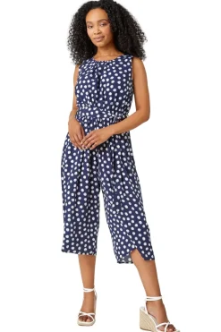 Jumpsuits & Playsuits>Roman Navy Petite Polka Dot Cropped Jumpsuit