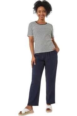 T-Shirts>Roman Navy Petite Stripe Short Sleeve Stretch Top