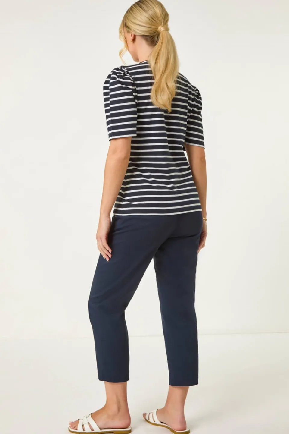 Tops>Roman Navy Petite Stripe Ruched Top