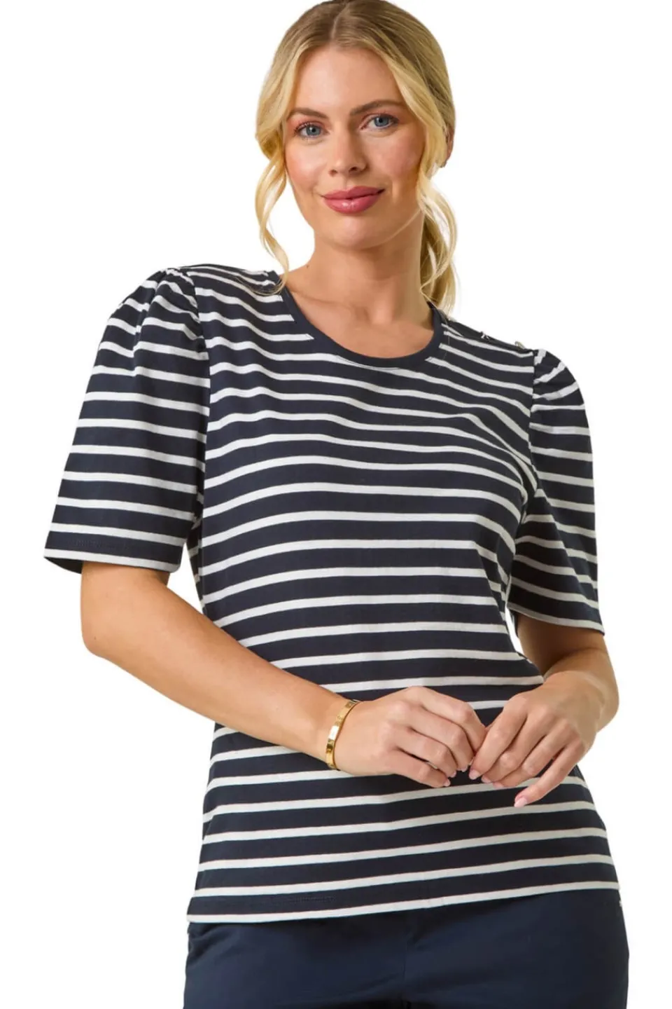 Tops>Roman Navy Petite Stripe Ruched Top