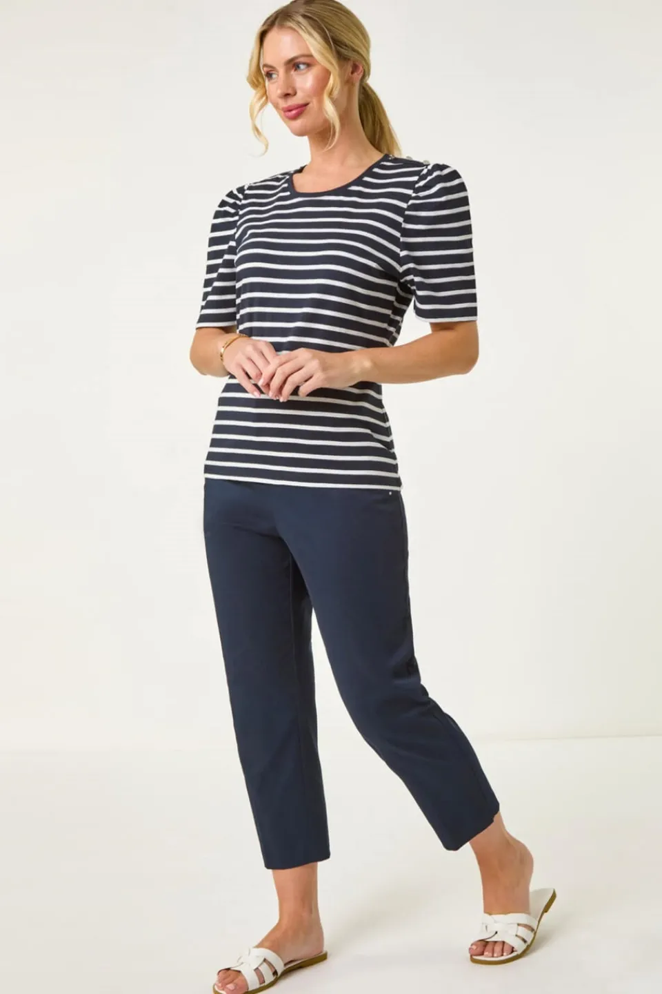Tops>Roman Navy Petite Stripe Ruched Top