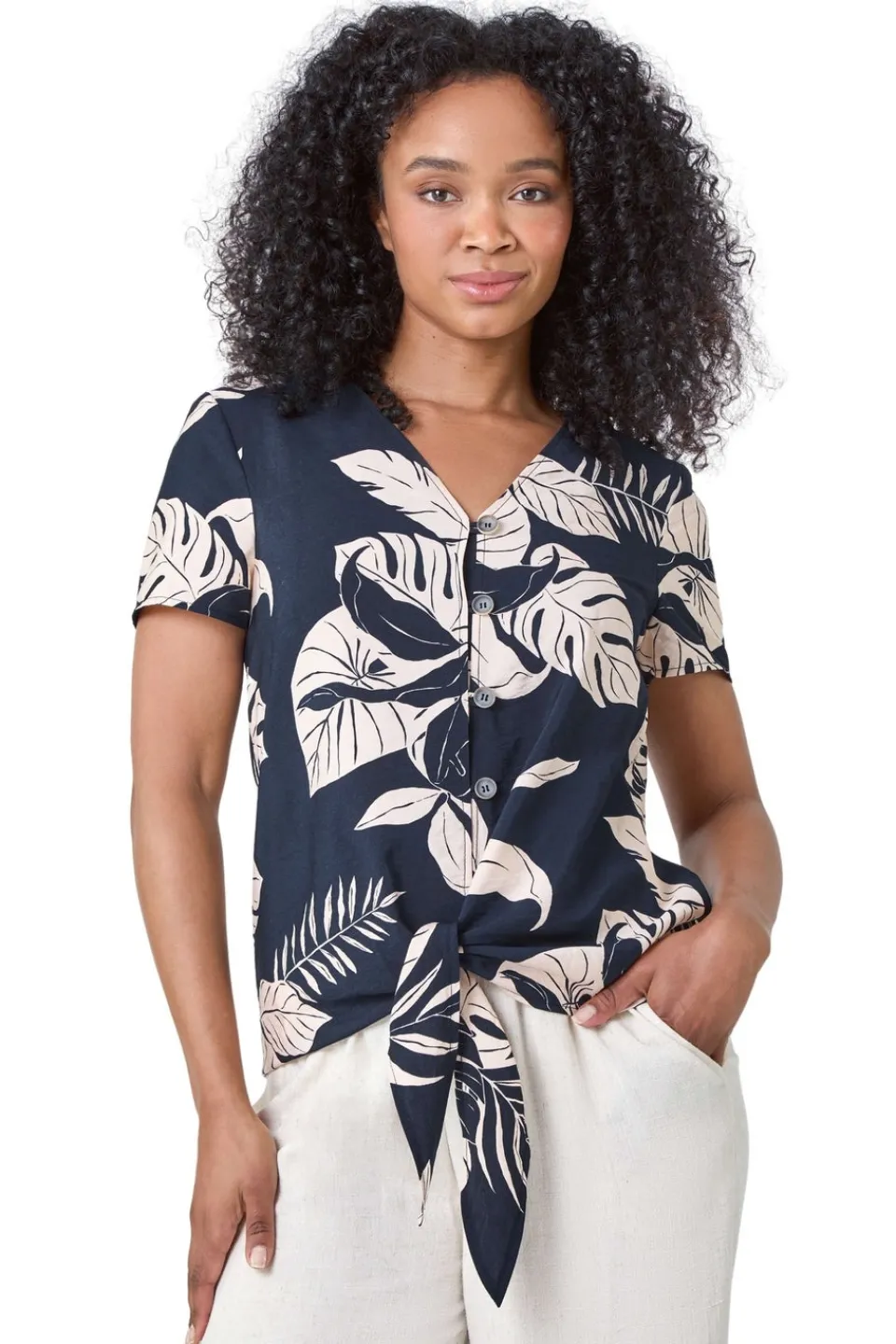 Tops>Roman Navy Petite Tropical Tie Detail Top