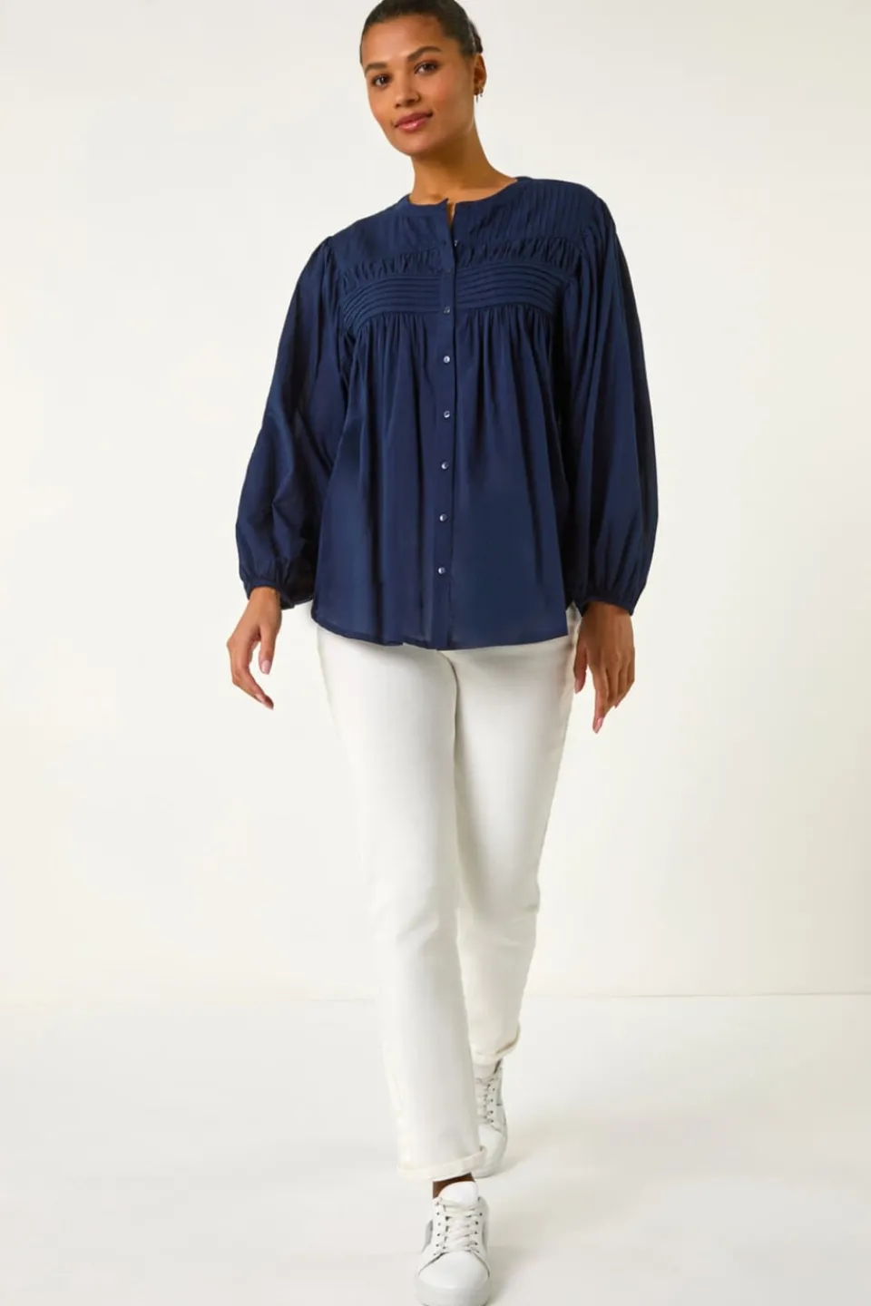 Tops>Roman Navy Pleat Detail Button Through Blouse