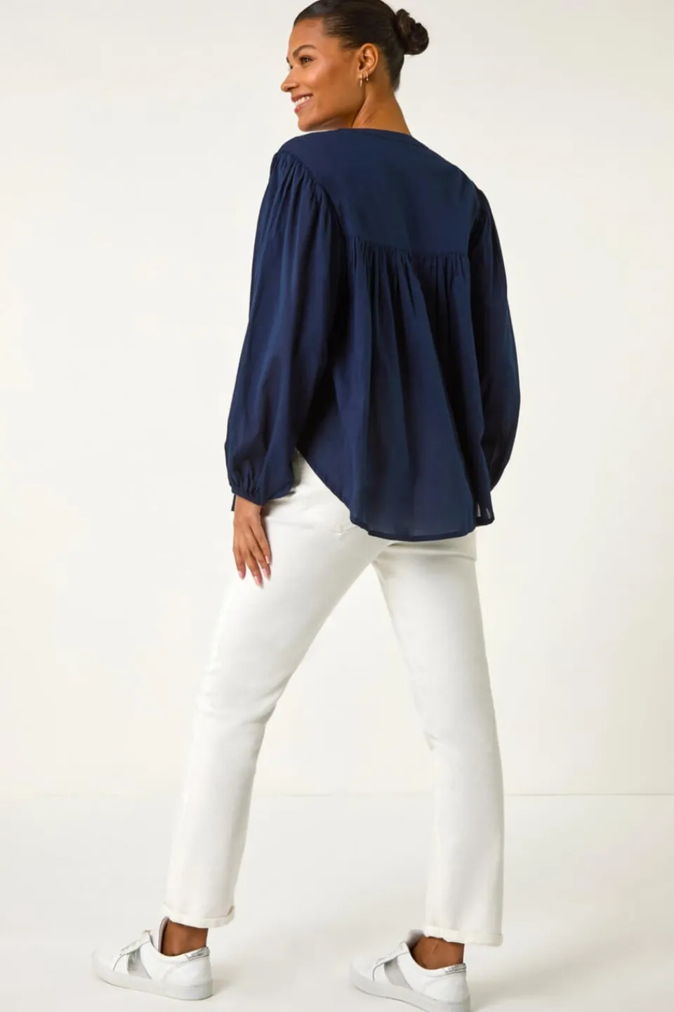 Tops>Roman Navy Pleat Detail Button Through Blouse
