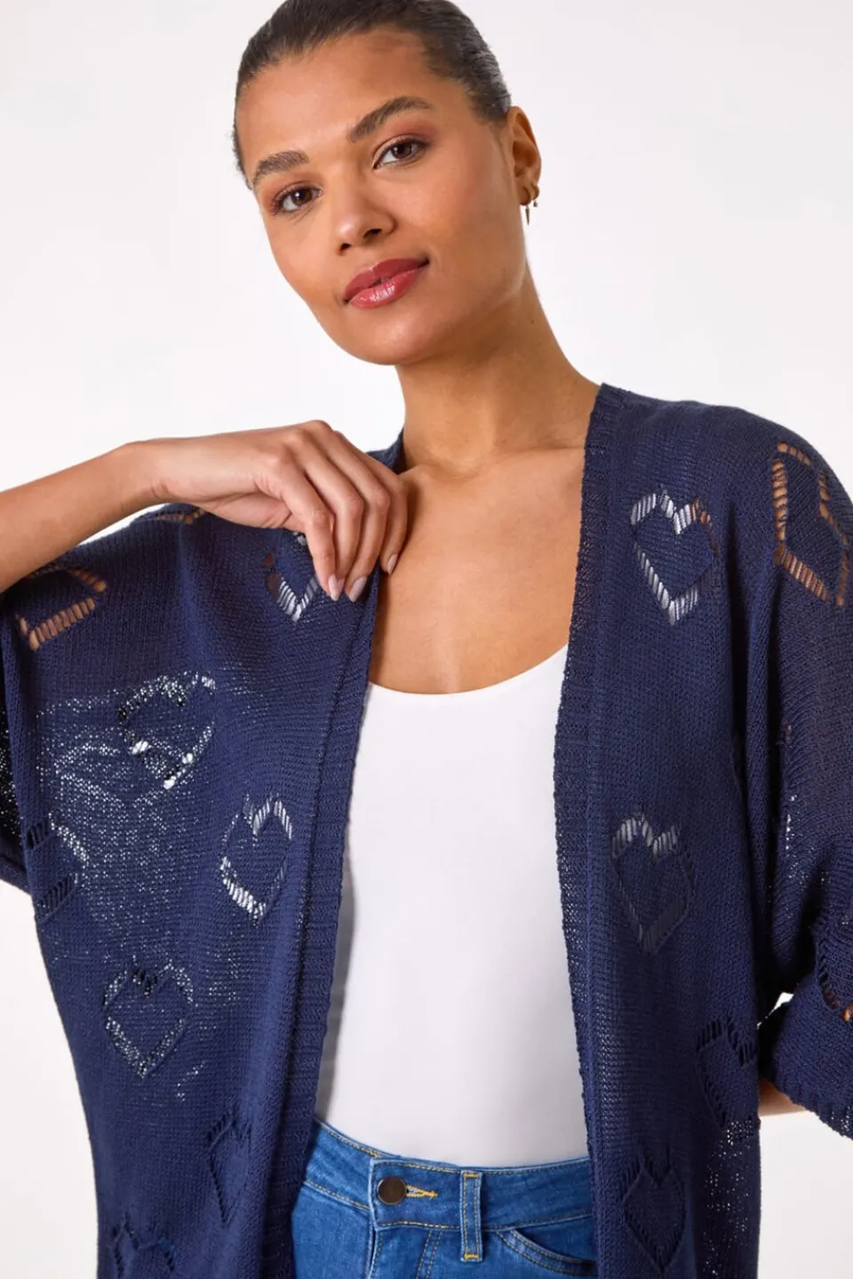 Knitwear>Roman Navy Pointelle Heart Knit Cardigan