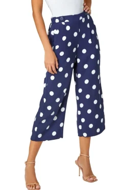 Trousers>Roman Navy Polka Dot Elastic Waist Culotte Trousers