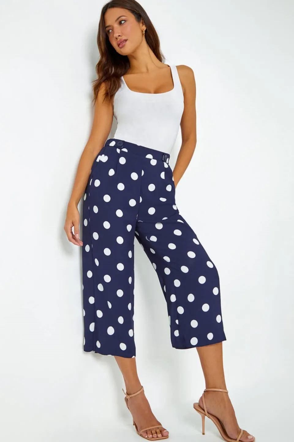 Trousers>Roman Navy Polka Dot Elastic Waist Culotte Trousers