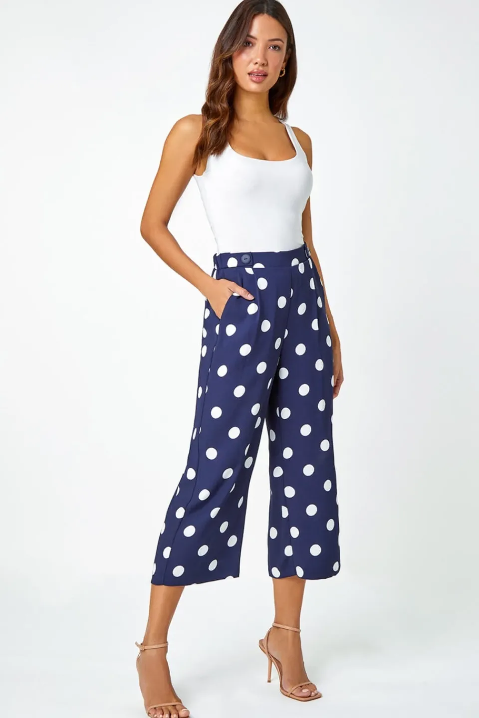 Trousers>Roman Navy Polka Dot Elastic Waist Culotte Trousers