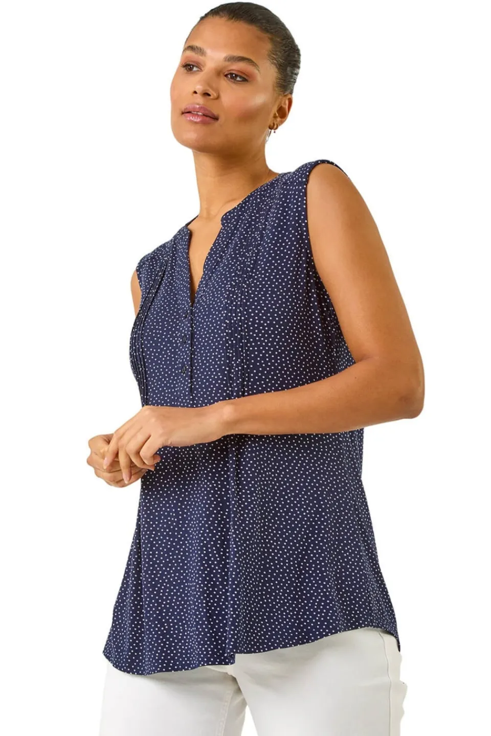 Tops>Roman Navy Polka Dot Print Pintuck Vest