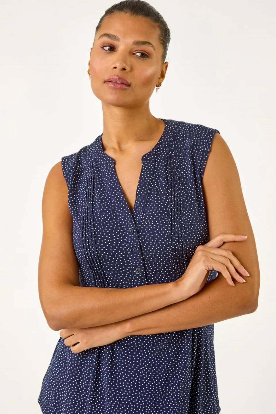 Tops>Roman Navy Polka Dot Print Pintuck Vest