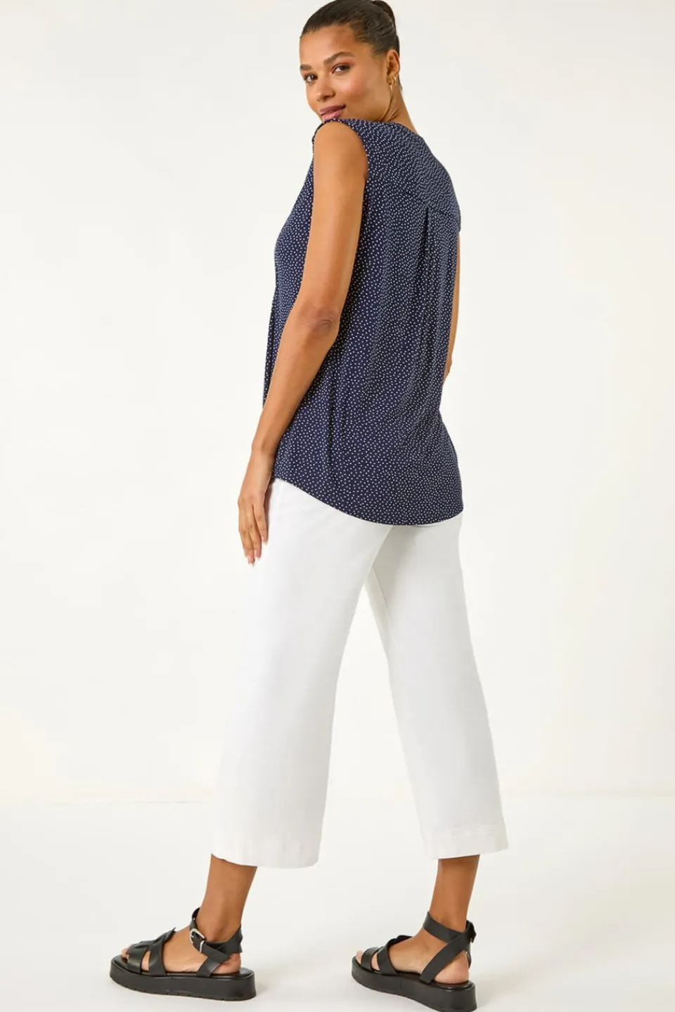 Tops>Roman Navy Polka Dot Print Pintuck Vest