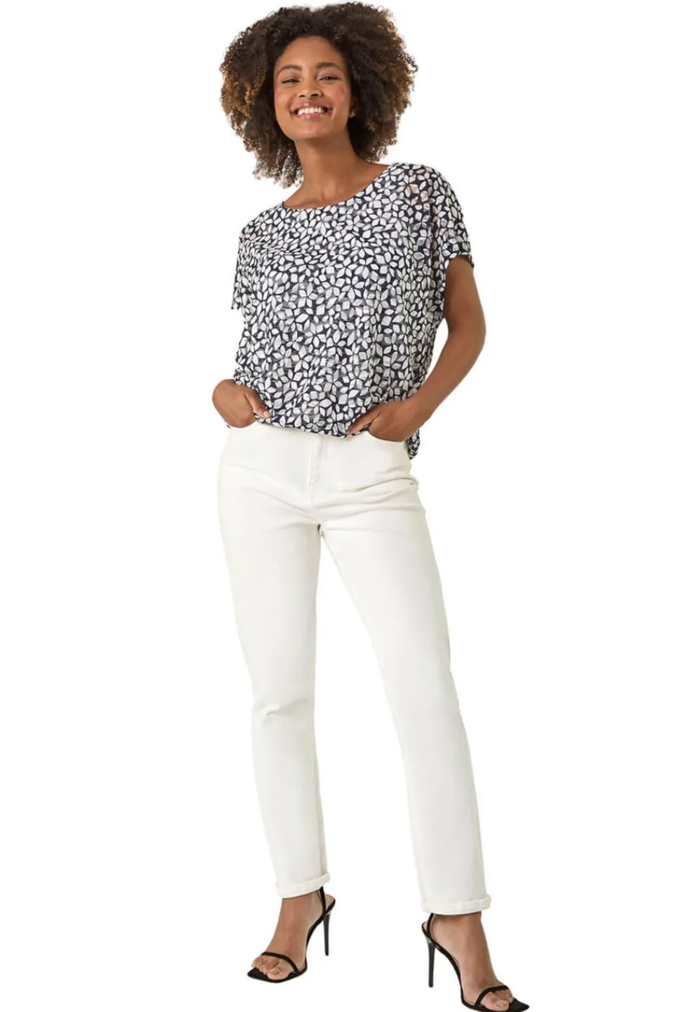 Tops>Roman Navy Printed Lace Bubble Hem Top