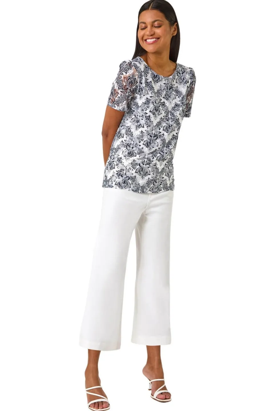 T-Shirts>Roman Navy Printed Lace Stretch Top
