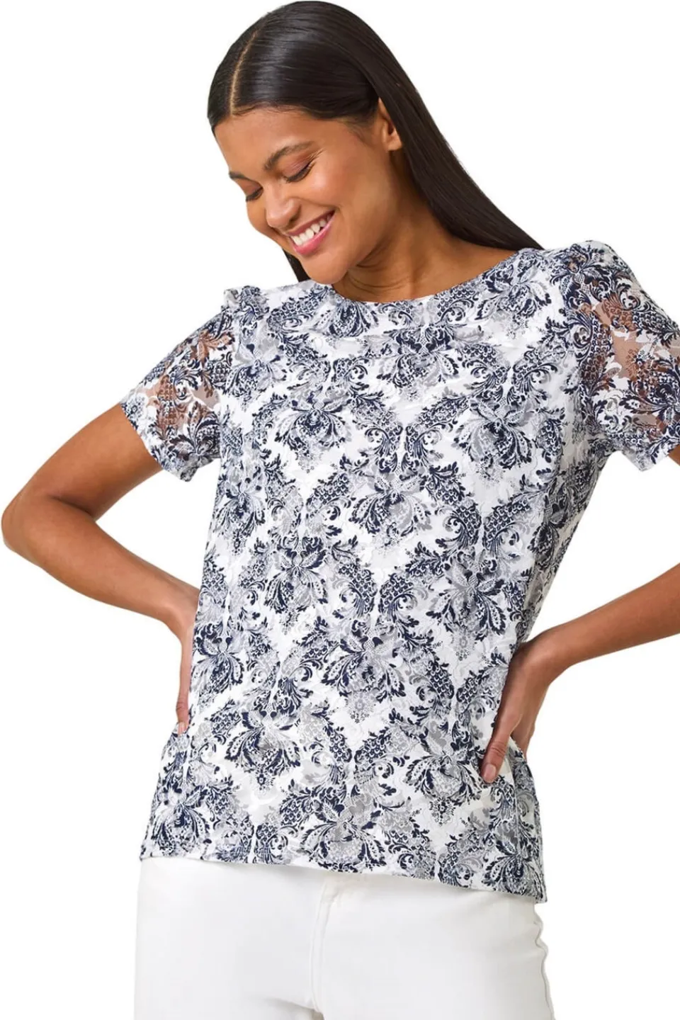 T-Shirts>Roman Navy Printed Lace Stretch Top