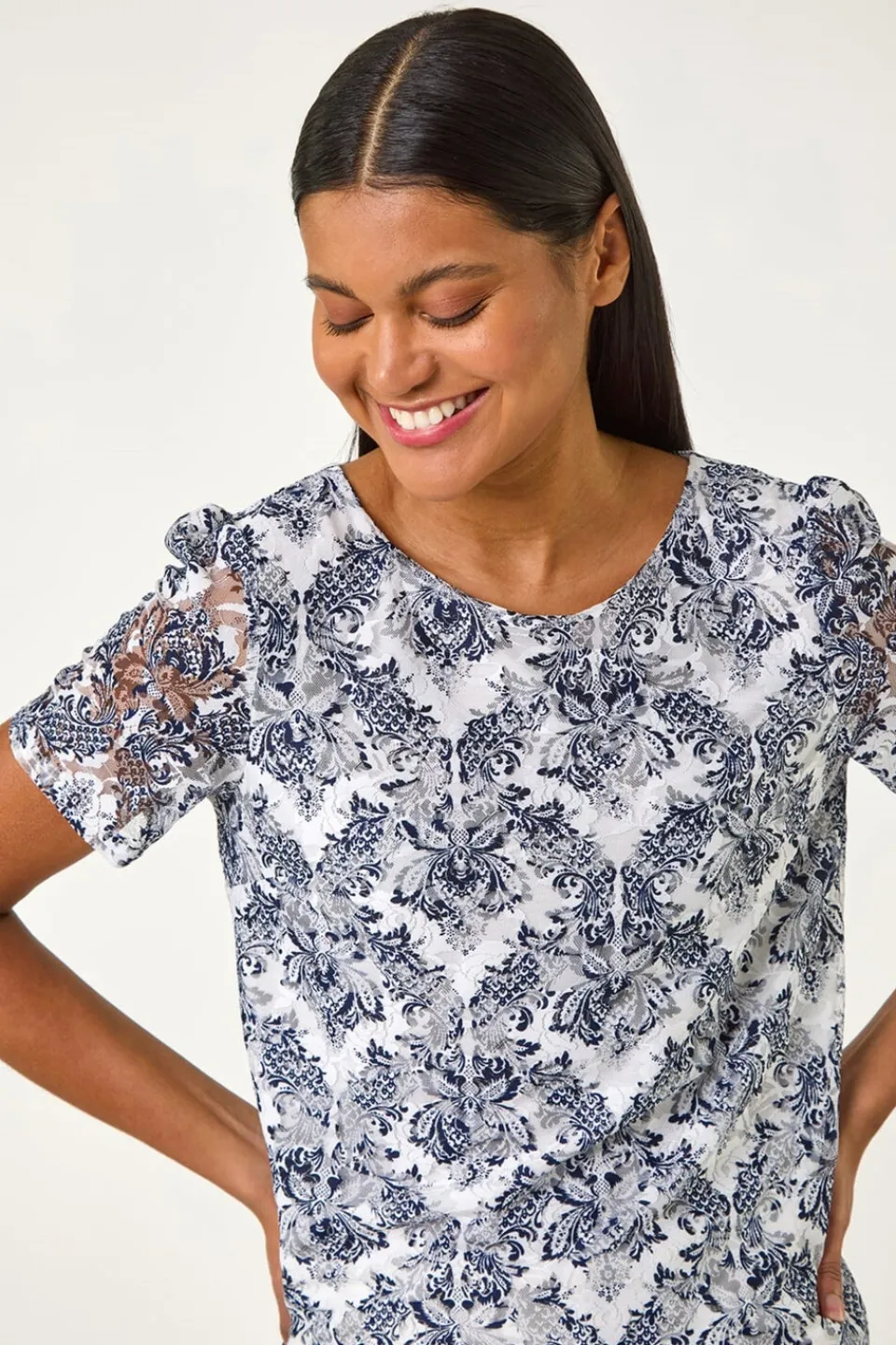 T-Shirts>Roman Navy Printed Lace Stretch Top