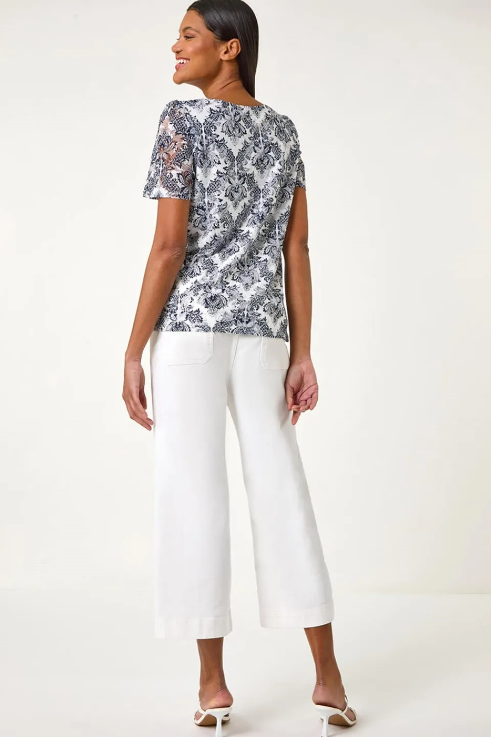 T-Shirts>Roman Navy Printed Lace Stretch Top