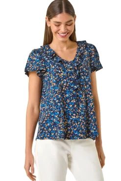 Tops>Roman Navy Printed Ruffle V Neck Stretch Top