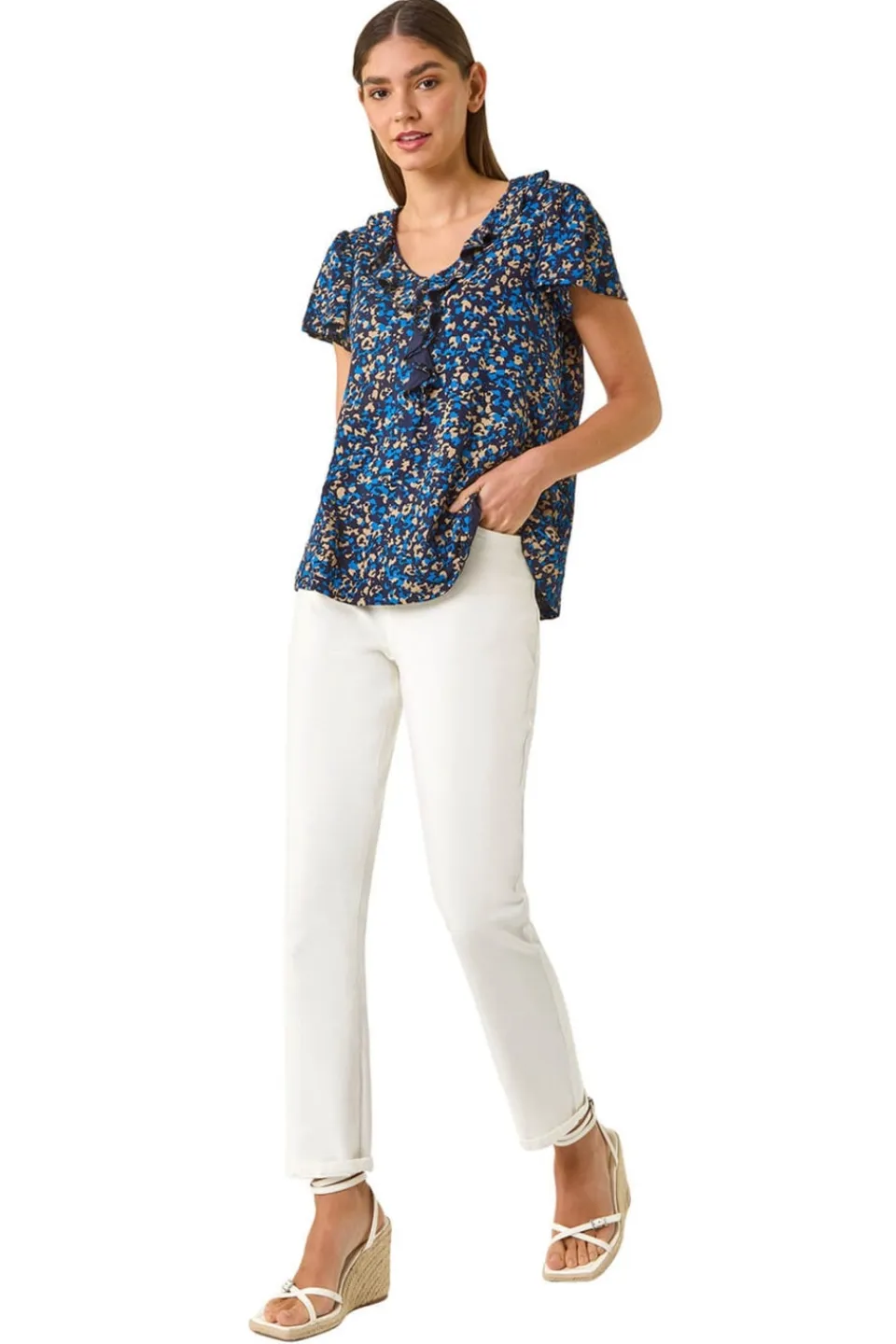 Tops>Roman Navy Printed Ruffle V Neck Stretch Top
