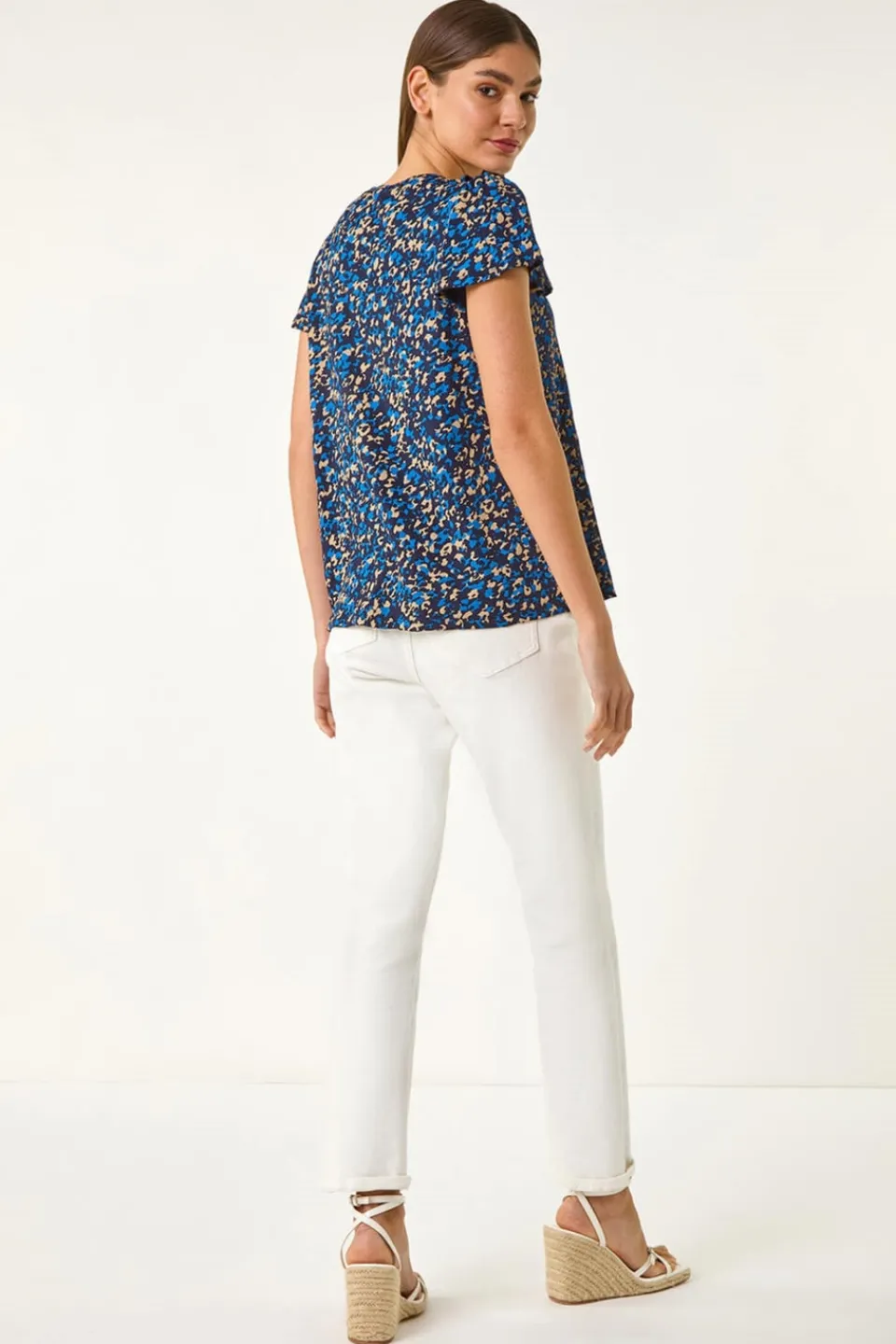 Tops>Roman Navy Printed Ruffle V Neck Stretch Top