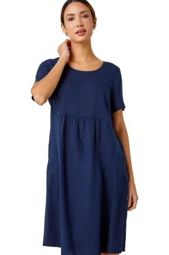 Dresses>Roman Navy Relaxed Cotton Blend Pocket Dress