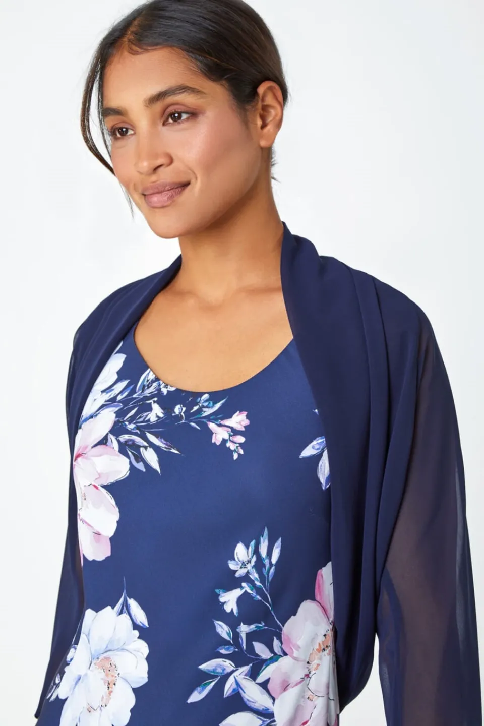 Coats & Jackets>Roman Ruched Hem Chiffon Bolero Navy