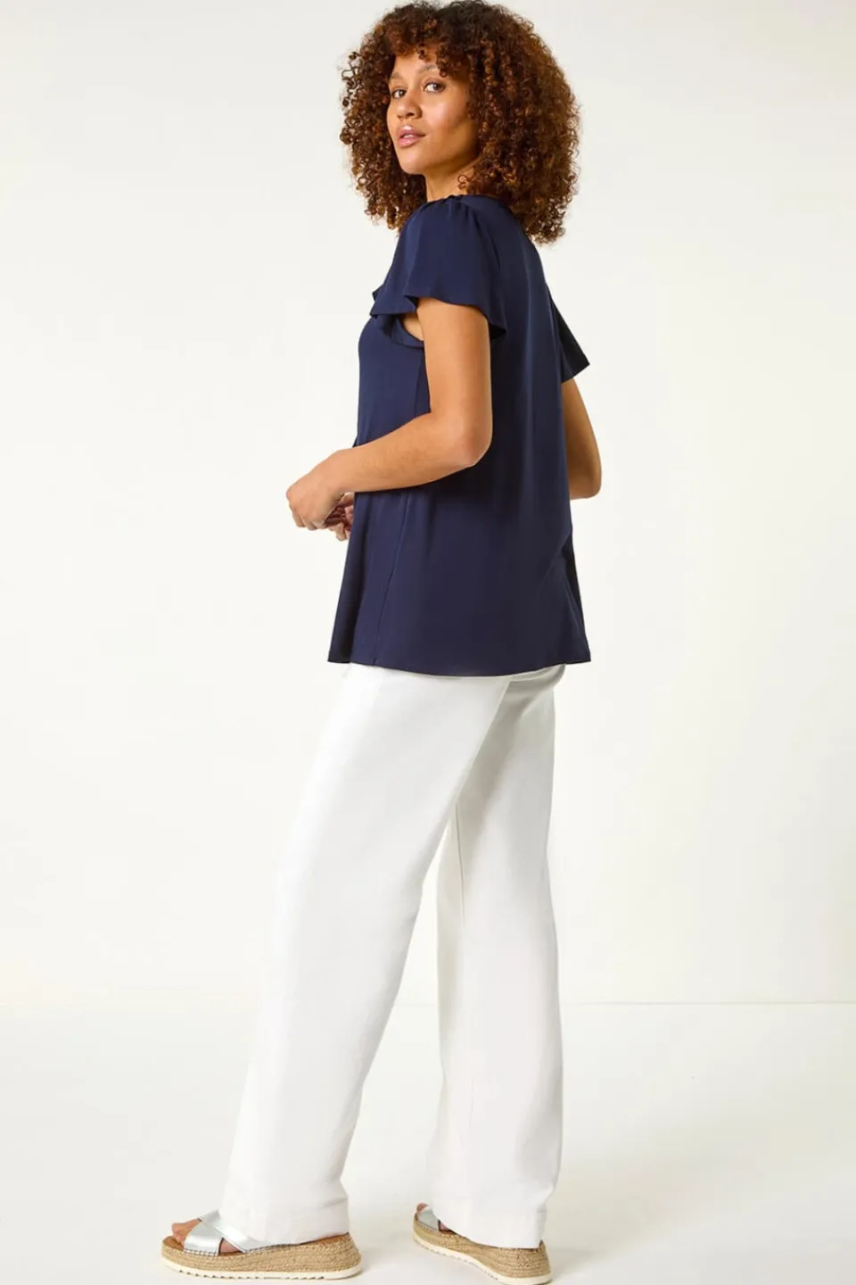 T-Shirts>Roman Navy Ruffle Front Stretch Top