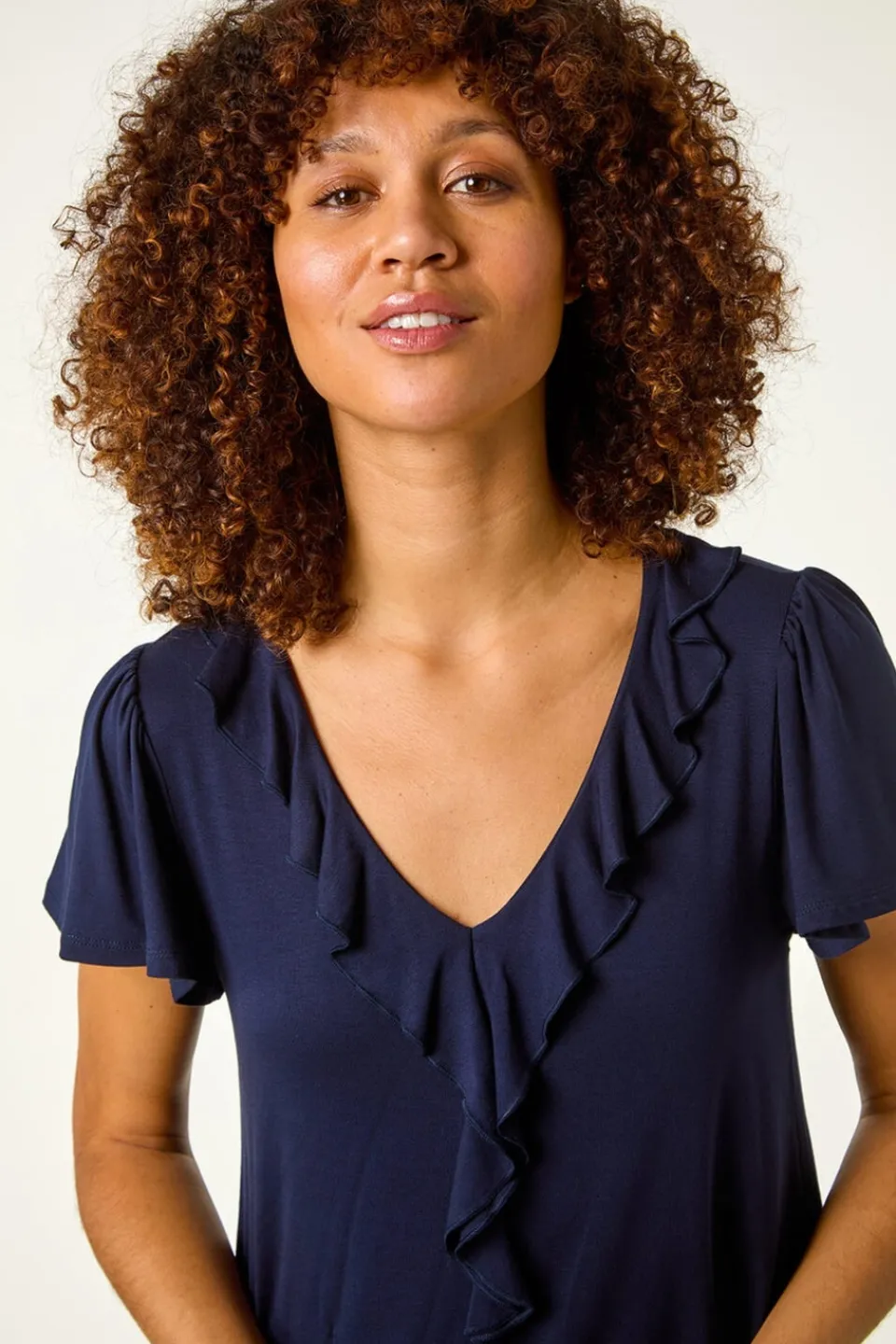 T-Shirts>Roman Navy Ruffle Front Stretch Top