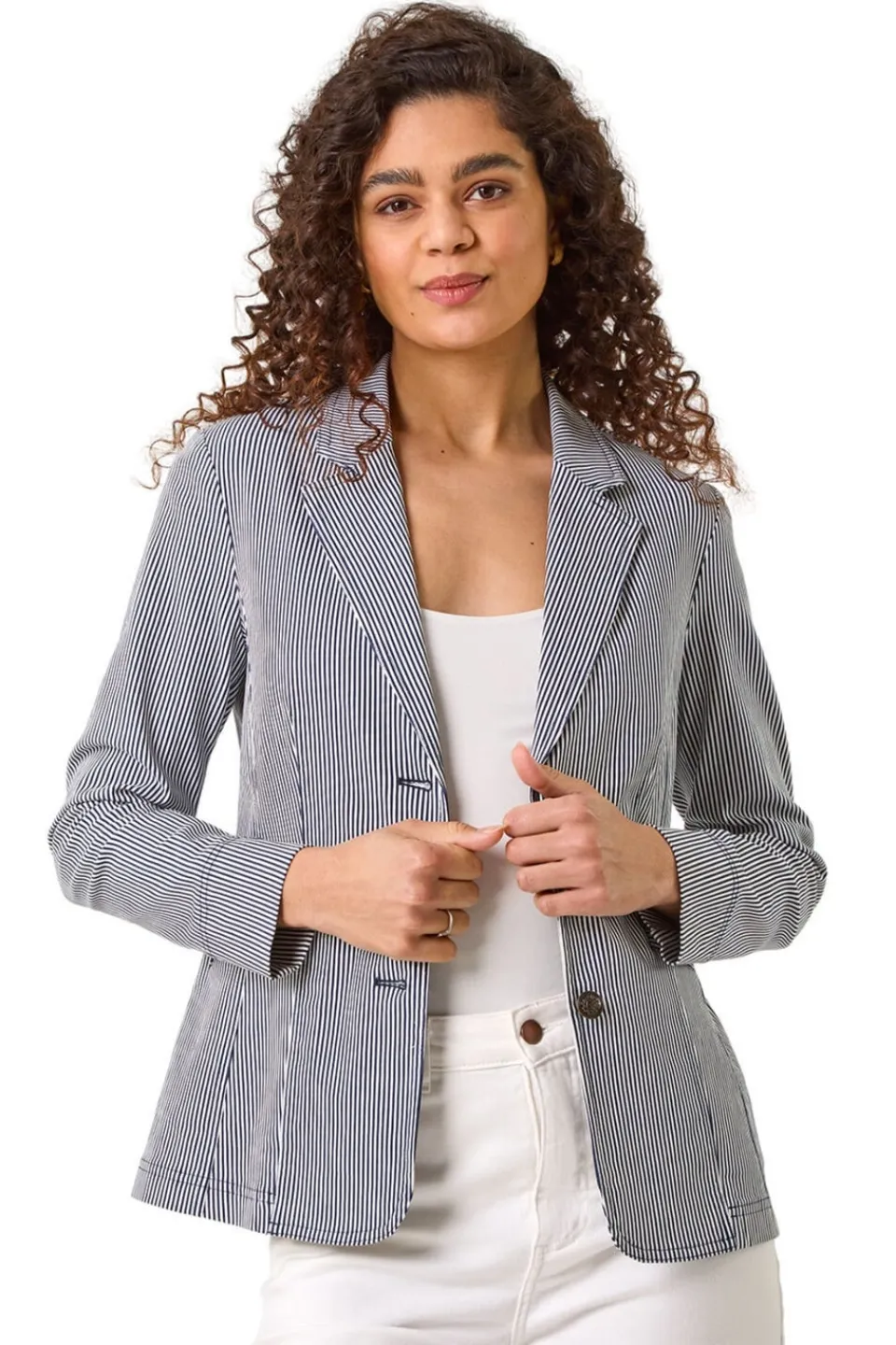 Coats & Jackets>Roman Navy Stripe Bengaline Stretch Blazer