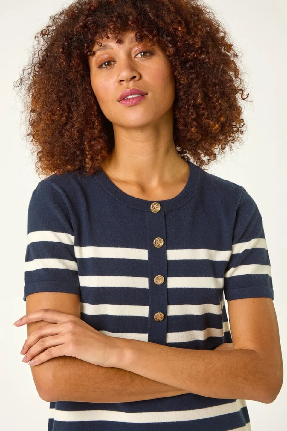 Knitwear>Roman Stripe Button A-Line Knit Dress Navy