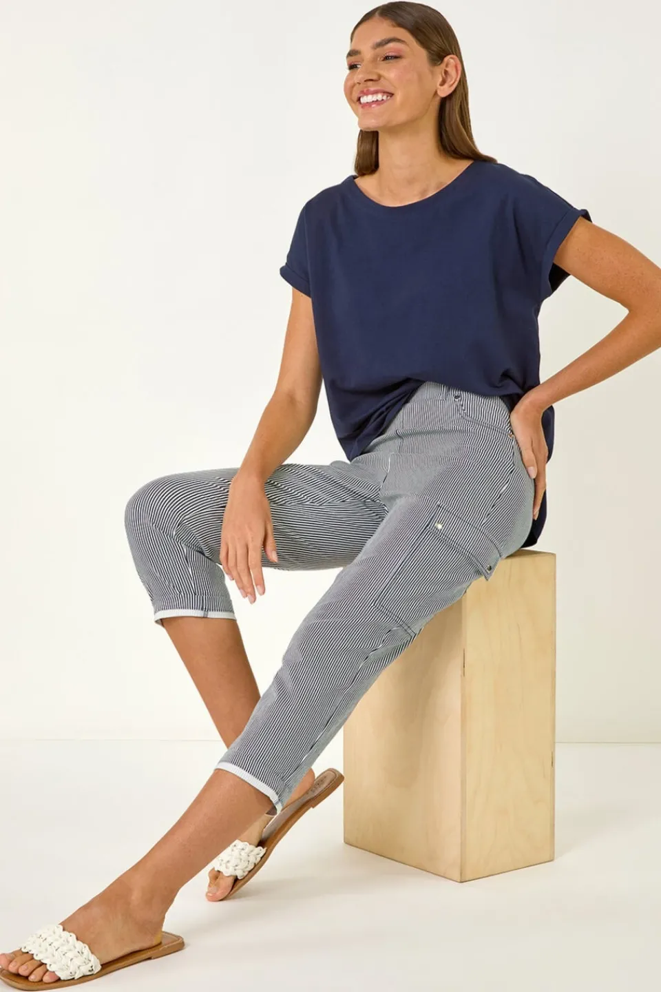 Trousers>Roman Navy Stripe Cropped Cargo Trouser