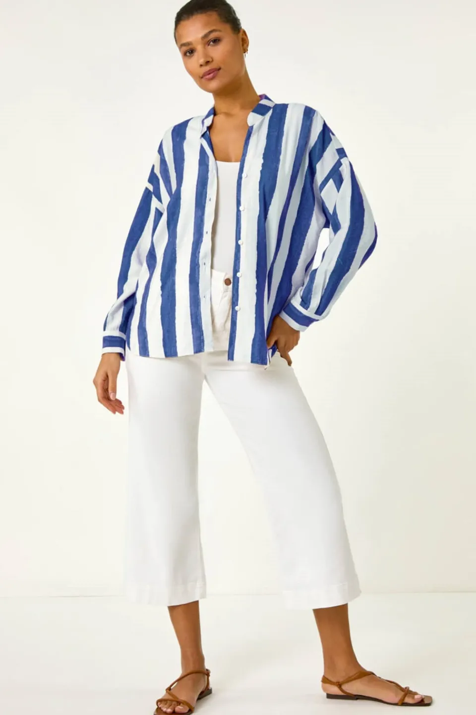 Tops>Roman Navy Stripe Print Relaxed Button Shirt