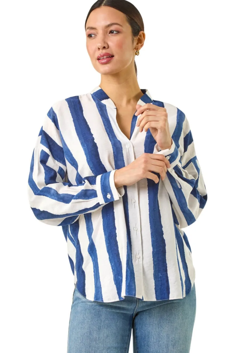 Tops>Roman Navy Stripe Print Relaxed Button Shirt