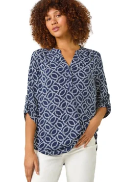 Tops>Roman Navy Textured Abstract Print Shirt