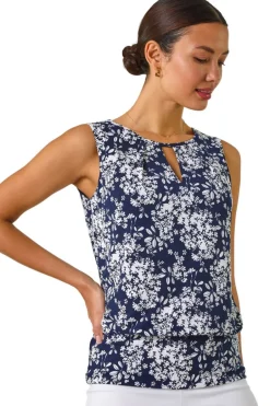 Tops>Roman Navy Textured Ditsy Floral Print Top