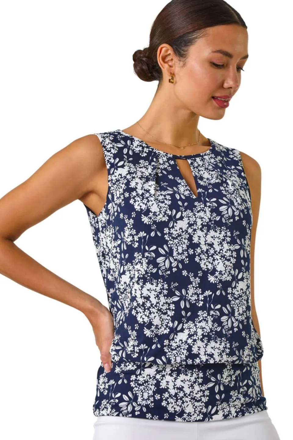 Tops>Roman Navy Textured Ditsy Floral Print Top