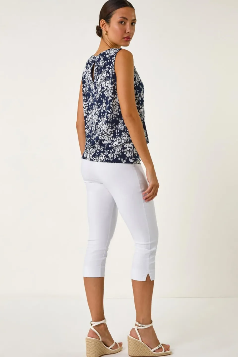 Tops>Roman Navy Textured Ditsy Floral Print Top