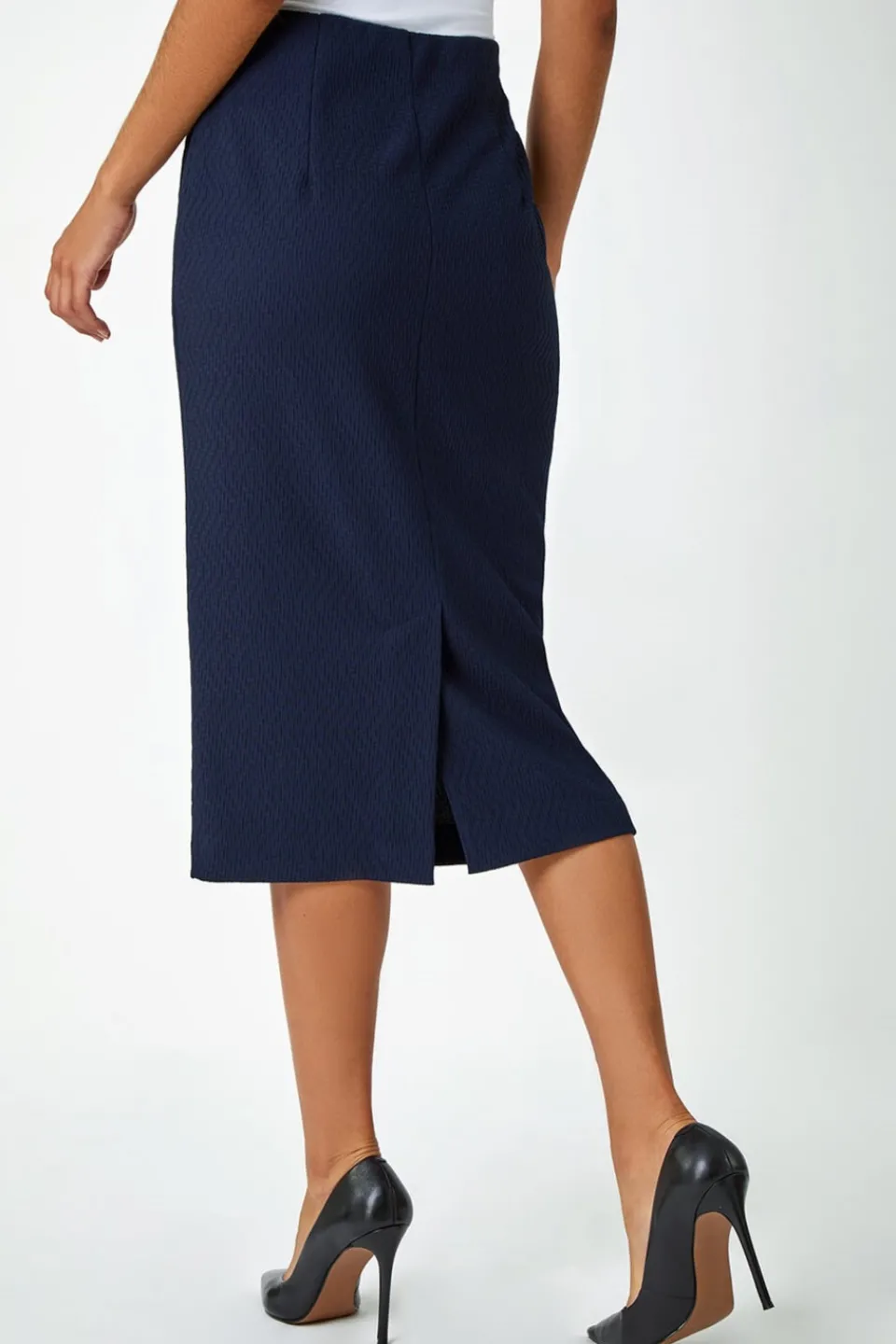 Skirts>Roman Navy Textured Elastic Waist Pencil Midi Skirt