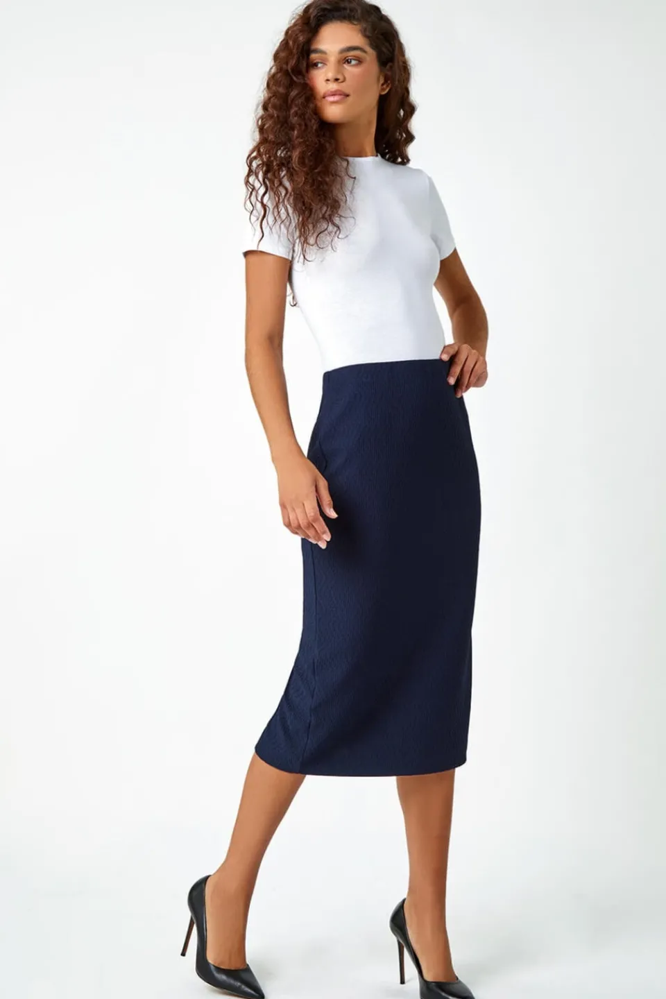 Skirts>Roman Navy Textured Elastic Waist Pencil Midi Skirt