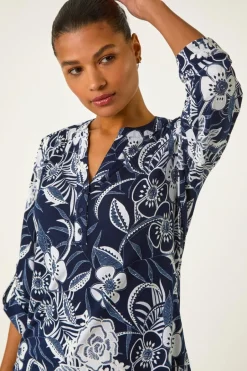 Tops>Roman Navy Textured Floral Print V-Neck Stretch Shirt