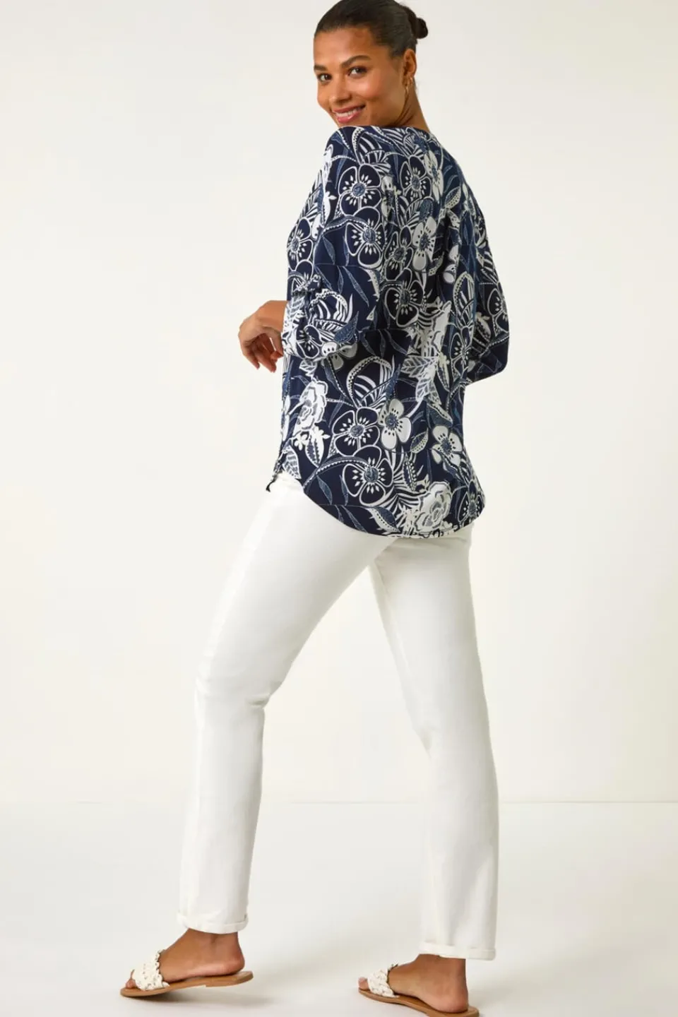 Tops>Roman Navy Textured Floral Print V-Neck Stretch Shirt