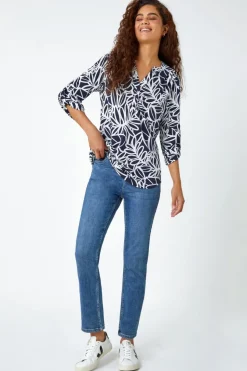 Tops>Roman Navy Textured Floral Print Stretch Top
