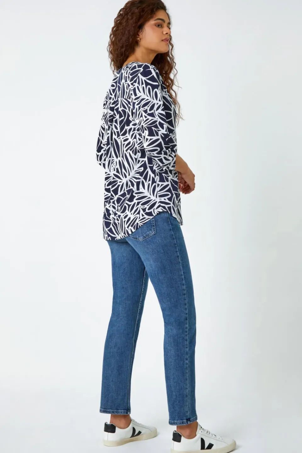 Tops>Roman Navy Textured Floral Print Stretch Top