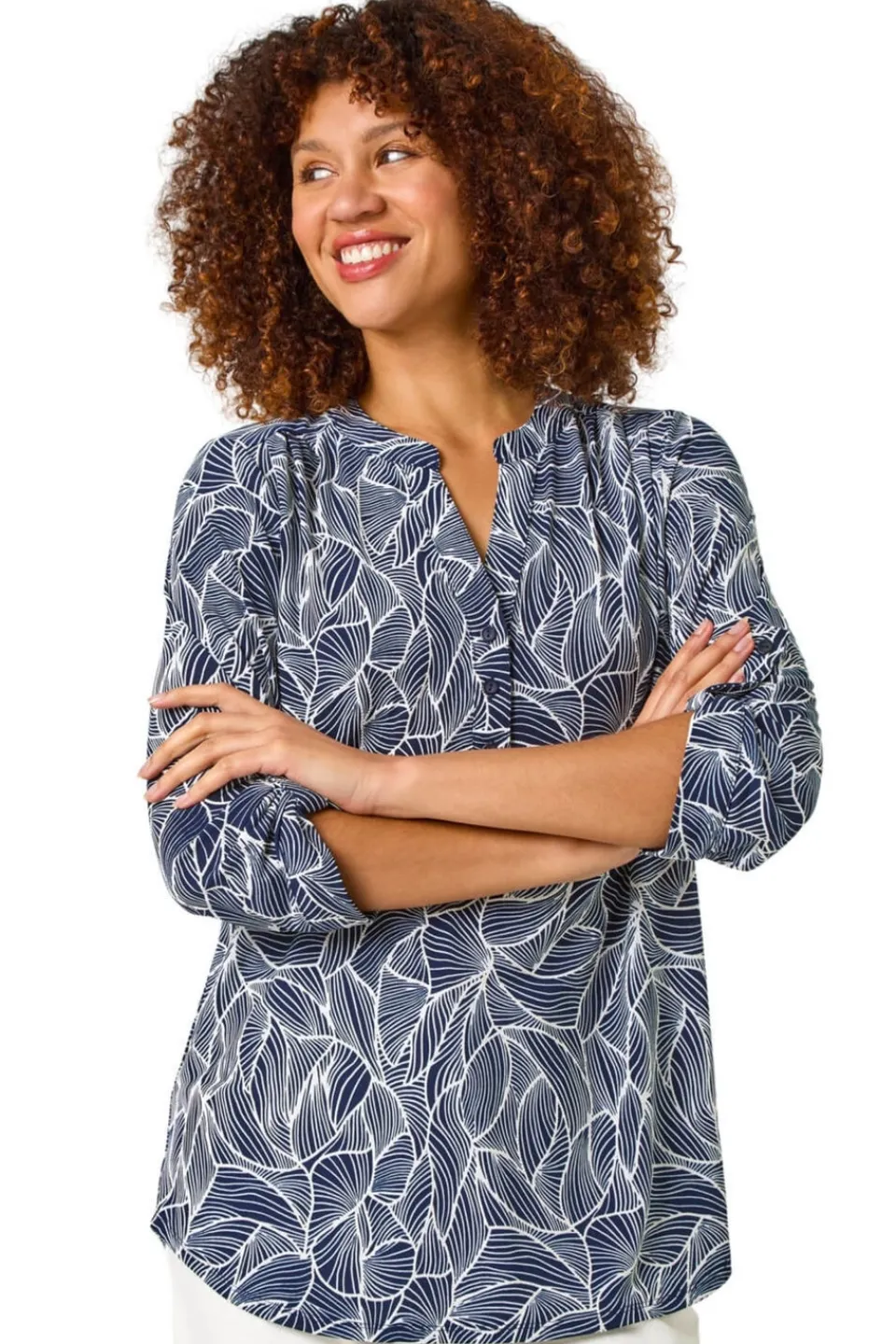 Tops>Roman Navy Textured Leaf Print V-Neck Stretch Shirt