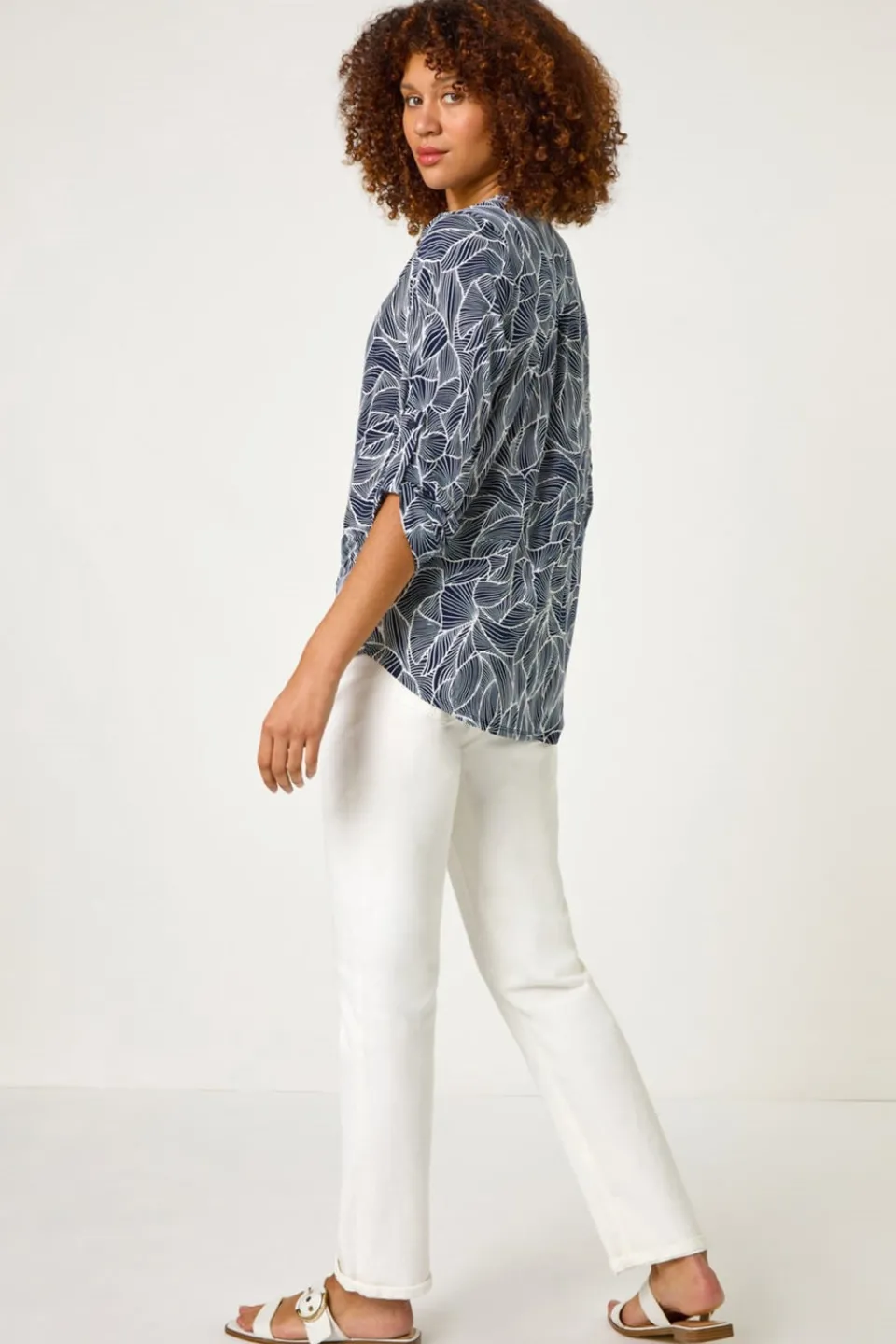 Tops>Roman Navy Textured Leaf Print V-Neck Stretch Shirt